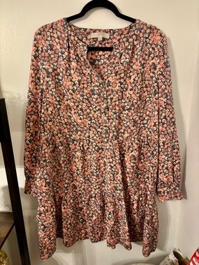 LOFT Peach and Navy Floral Button-Neck Tunic